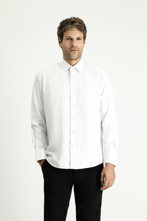 Beyaz Uzun Kol Klasik Desenli Pamuklu Kolay Ütülenebilir Gömlek