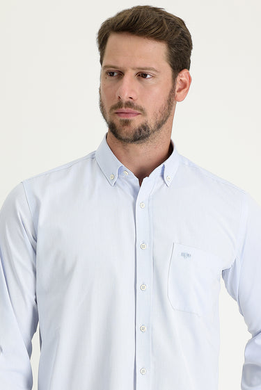 Açık Mavi Uzun Kol Regular Fit Desenli Pamuklu Kolay Ütülenebilir Düğmeli Yaka Gömlek