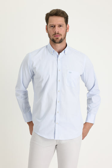 Açık Mavi Uzun Kol Regular Fit Desenli Pamuklu Kolay Ütülenebilir Düğmeli Yaka Gömlek