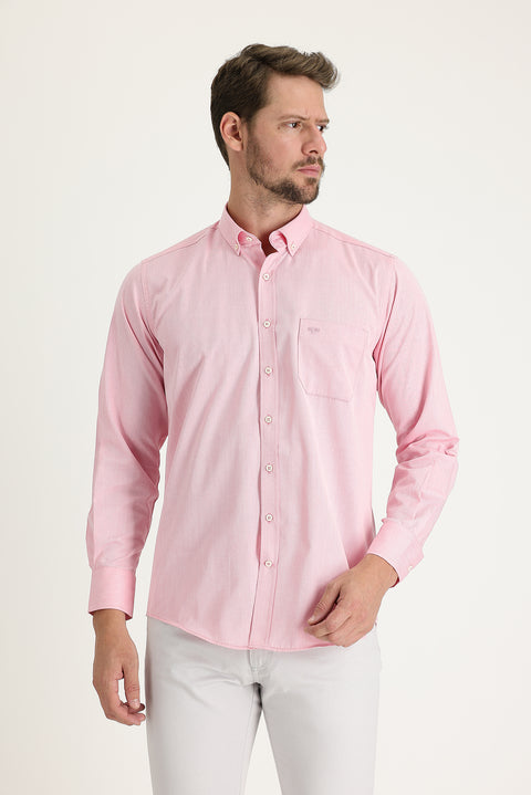 Açık Kırmızı Uzun Kol Regular Fit Desenli Pamuklu Kolay Ütülenebilir Düğmeli Yaka Gömlek