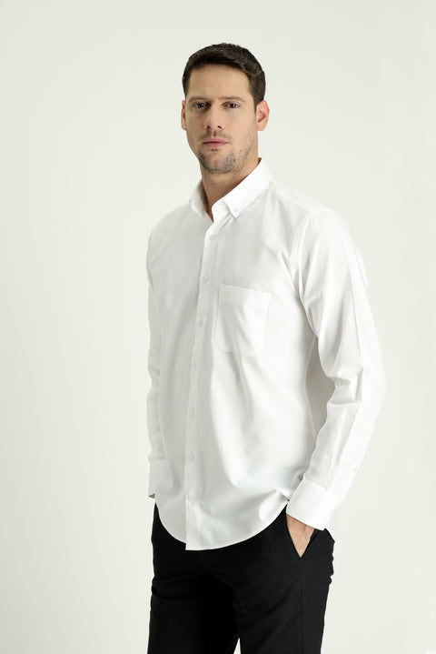 Beyaz Uzun Kol Regular Fit Pamuk Düğmeli Yaka Gömlek