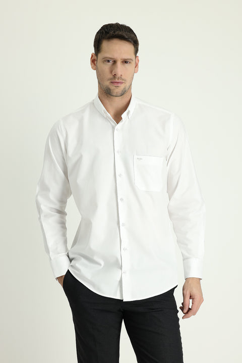 Beyaz Uzun Kol Regular Fit Pamuk Düğmeli Yaka Gömlek
