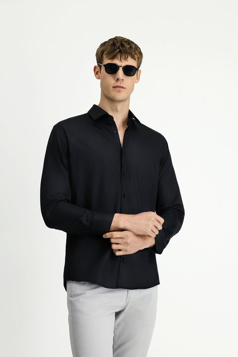 Siyah Uzun Kol Slim Fit Dar Kesim Non Iron Saten Pamuklu Gömlek