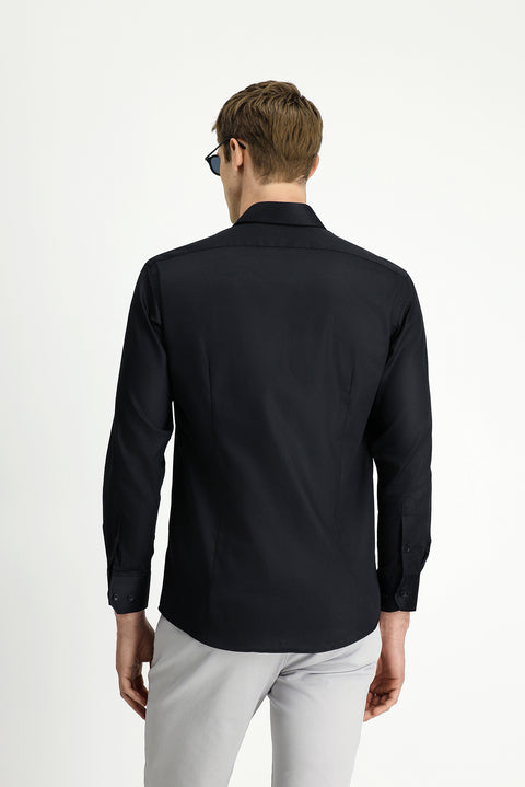 Siyah Uzun Kol Slim Fit Dar Kesim Non Iron Saten Pamuklu Gömlek