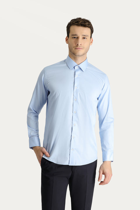 Uçuk Mavi Uzun Kol Slim Fit Dar Kesim Non Iron Saten Pamuklu Gömlek