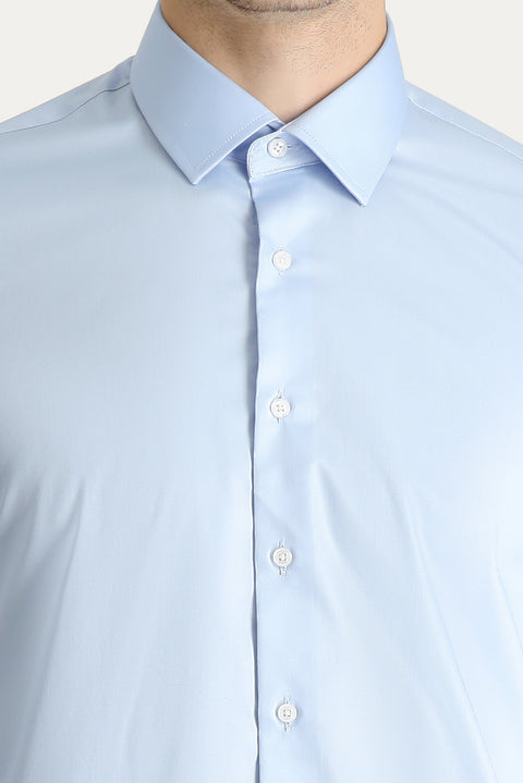 Uçuk Mavi Uzun Kol Slim Fit Dar Kesim Non Iron Saten Pamuklu Gömlek
