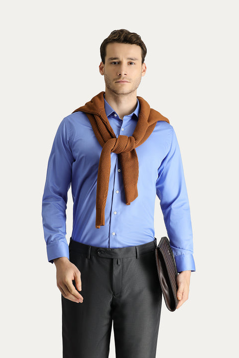 Aqua Blue Long Sleeve Slim Fit Narrow Cut Non-Iron Satin Cotton Shirt