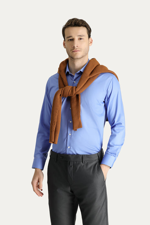 Aqua Blue Long Sleeve Slim Fit Narrow Cut Non-Iron Satin Cotton Shirt