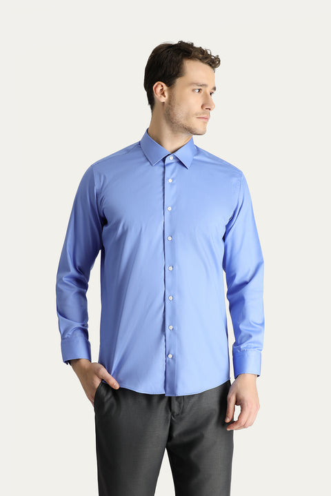 Aqua Blue Long Sleeve Slim Fit Narrow Cut Non-Iron Satin Cotton Shirt