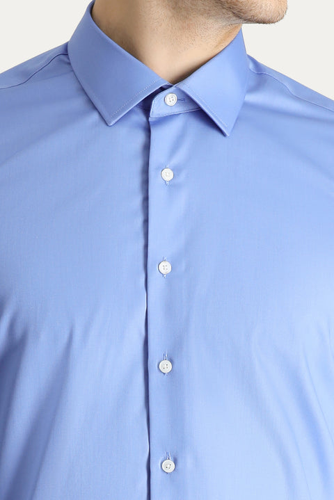 Aqua Blue Long Sleeve Slim Fit Narrow Cut Non-Iron Satin Cotton Shirt