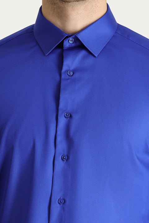 Saks Mavi Uzun Kol Slim Fit Dar Kesim Non Iron Saten Pamuklu Gömlek