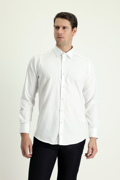 Beyaz Uzun Kol Slim Fit Dar Kesim Non Iron Saten Pamuklu Gömlek