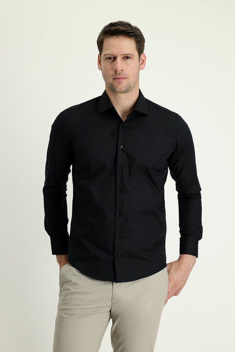 Siyah Uzun Kol Slim Fit Dar Kesim Non Iron Klasik Pamuklu Kolay Ütülenebilir Gömlek