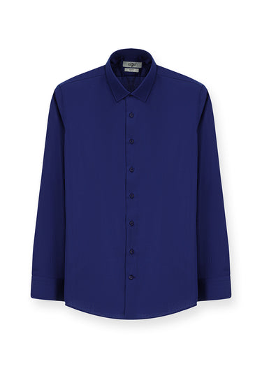 Orta Lacivert Uzun Kol Slim Fit Dar Kesim Klasik Non Iron Saten Pamuklu Gömlek