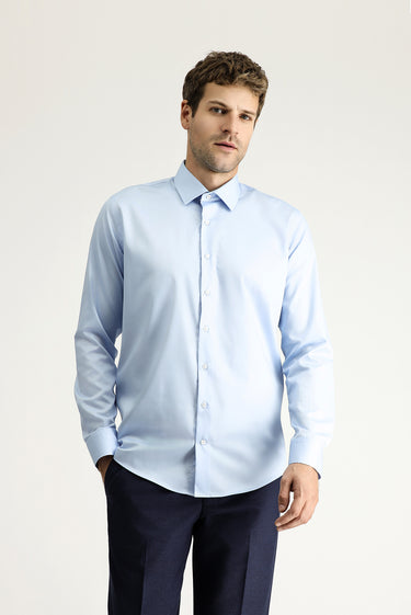  Uçuk Mavi Uzun Kol Slim Fit Dar Kesim Klasik Non Iron Saten Pamuklu Gömlek