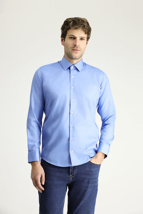 Aqua Mavisi Uzun Kol Slim Fit Dar Kesim Klasik Non Iron Saten Pamuklu Gömlek