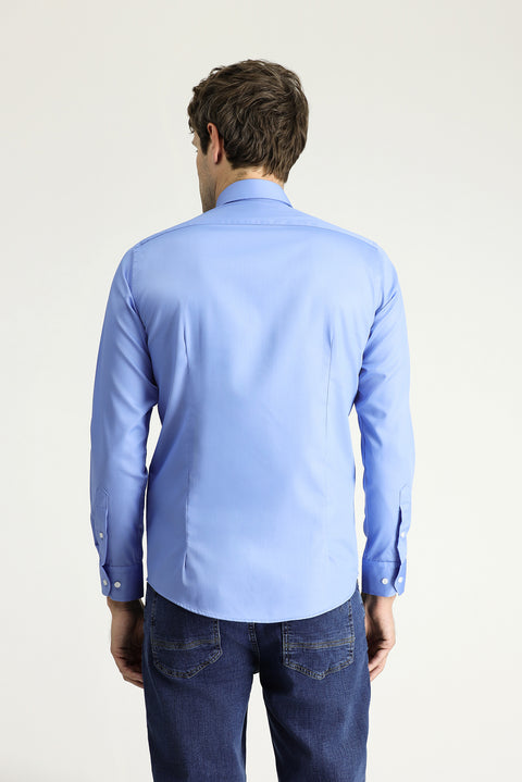Aqua Mavisi Uzun Kol Slim Fit Dar Kesim Klasik Non Iron Saten Pamuklu Gömlek