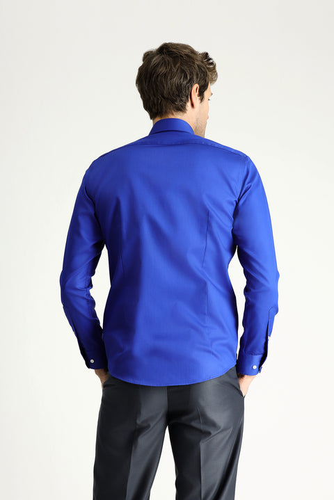 Saks Mavi Uzun Kol Slim Fit Dar Kesim Klasik Non Iron Saten Pamuklu Gömlek