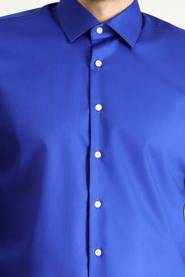 Saks Mavi Uzun Kol Slim Fit Dar Kesim Klasik Non Iron Saten Pamuklu Gömlek