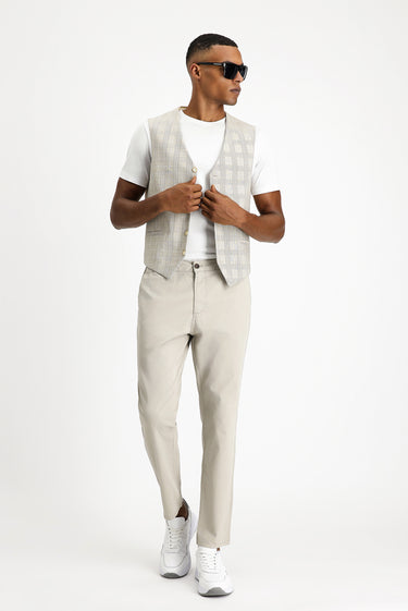  Orta Bej Slim Fit Dar Kesim Ekose Keten Karışımlı Klasik Yelek