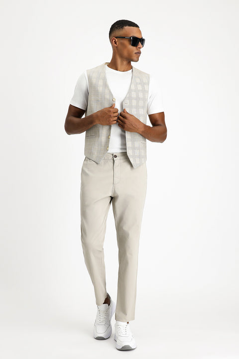 Orta Bej Slim Fit Dar Kesim Ekose Keten Karışımlı Klasik Yelek