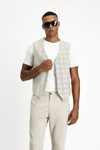  Orta Bej Slim Fit Dar Kesim Ekose Keten Karışımlı Klasik Yelek