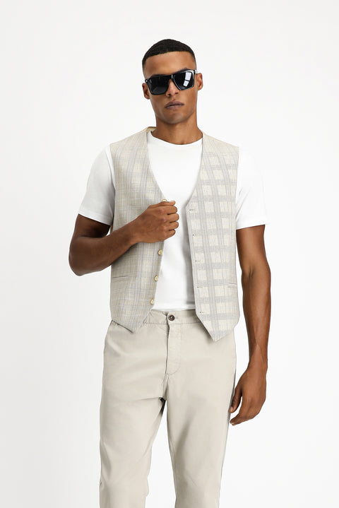 Orta Bej Slim Fit Dar Kesim Ekose Keten Karışımlı Klasik Yelek
