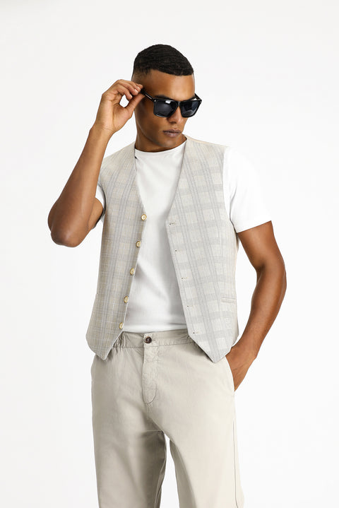 Orta Bej Slim Fit Dar Kesim Ekose Keten Karışımlı Klasik Yelek
