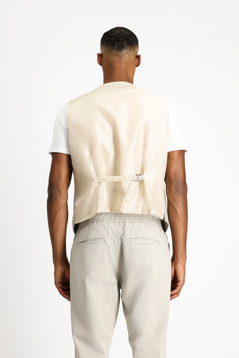 Orta Bej Slim Fit Dar Kesim Ekose Keten Karışımlı Klasik Yelek