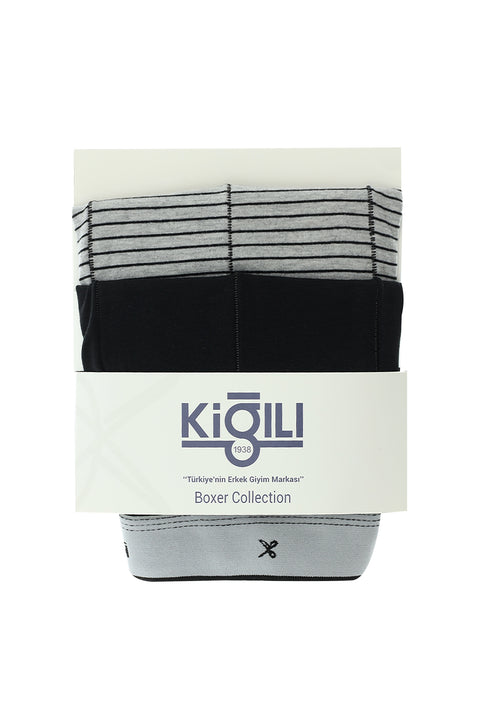 Siyah 2'li Çizgili Pamuklu Süprem Boxer Seti