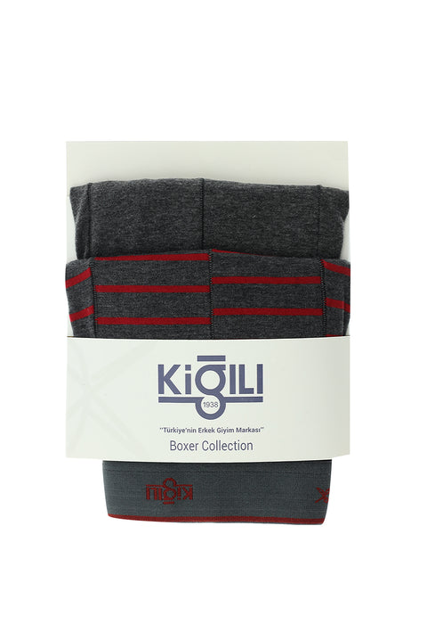Orta Füme 2'li Çizgili Pamuklu Süprem Boxer Seti