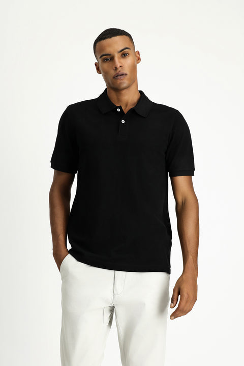 Siyah Polo Yaka Regular Fit Nakışlı Pamuk Tişört