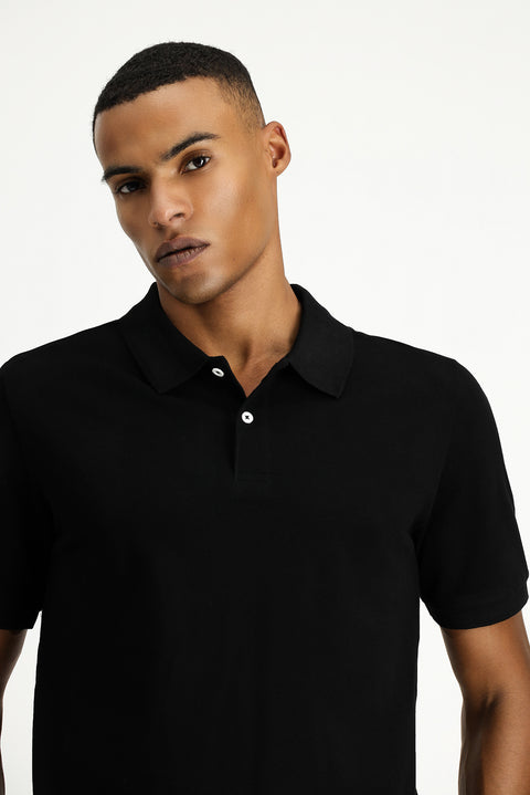 Siyah Polo Yaka Regular Fit Nakışlı Pamuk Tişört