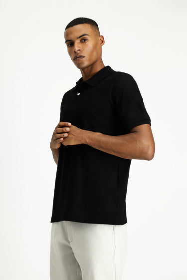 Siyah Polo Yaka Regular Fit Nakışlı Pamuk Tişört