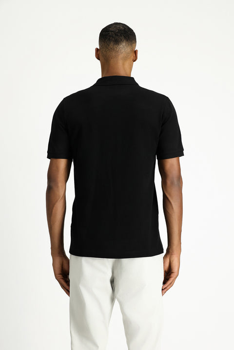 Siyah Polo Yaka Regular Fit Nakışlı Pamuk Tişört