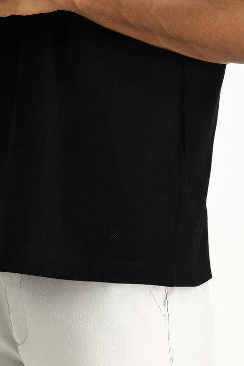 Siyah Polo Yaka Regular Fit Nakışlı Pamuk Tişört