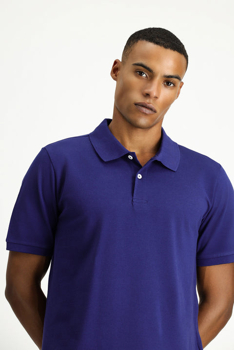 Orta Lacivert Polo Yaka Regular Fit Nakışlı Pamuk Tişört