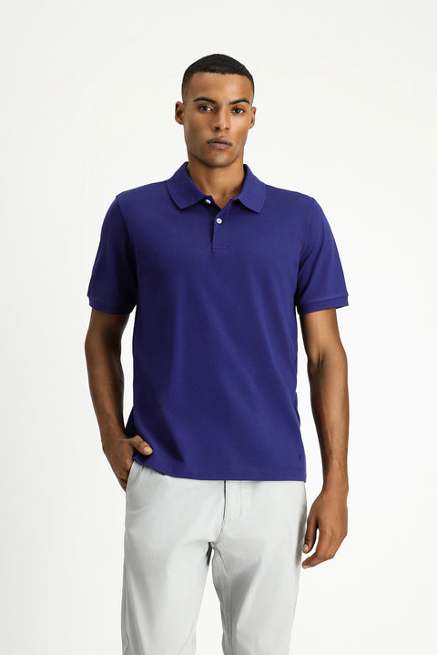 Orta Lacivert Polo Yaka Regular Fit Nakışlı Pamuk Tişört