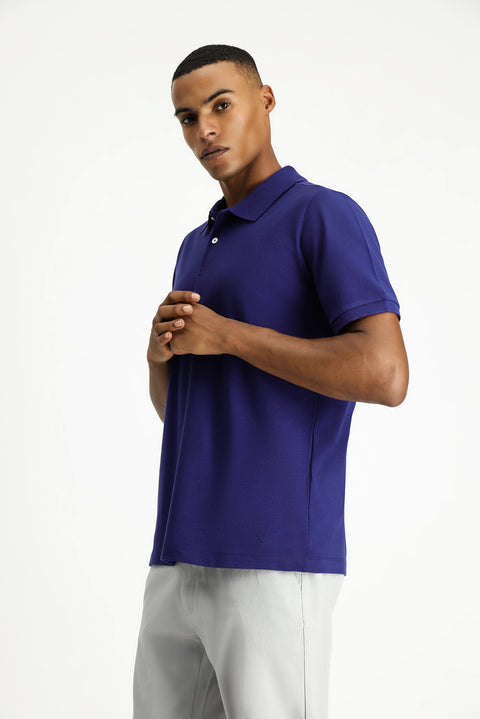 Medium Navy Polo Collar Regular Fit Embroidered Cotton T-Shirt