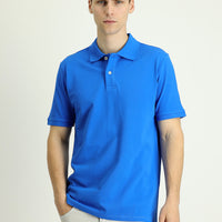 Saks Mavi Polo Yaka Regular Fit Nakışlı Pamuk Tişört