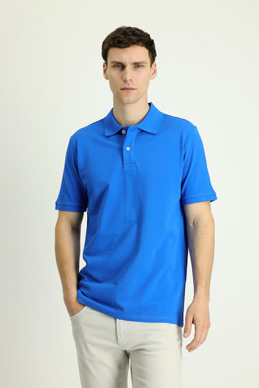  Saks Mavi Polo Yaka Regular Fit Nakışlı Pamuk Tişört