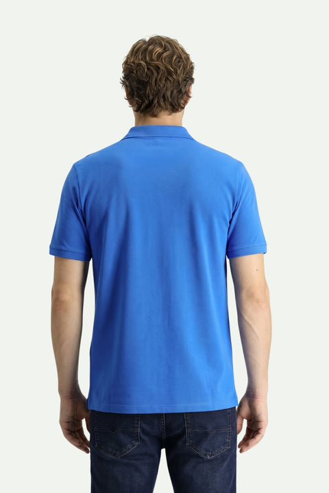 Saks Mavi Polo Yaka Regular Fit Nakışlı Pamuk Tişört