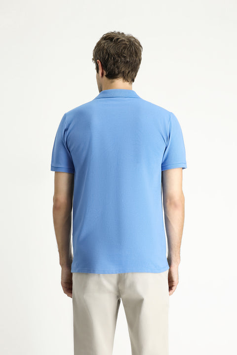 Koyu Mavi  Polo Yaka Regular Fit Nakışlı Pamuk Tişört