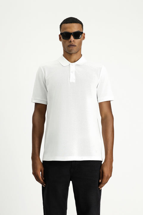 Beyaz Polo Yaka Regular Fit Nakışlı Pamuk Tişört