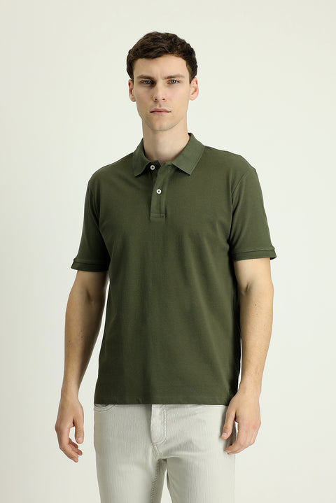 Orta Haki Polo Yaka Regular Fit Nakışlı Pamuk Tişört