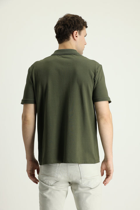 Orta Haki Polo Yaka Regular Fit Nakışlı Pamuk Tişört