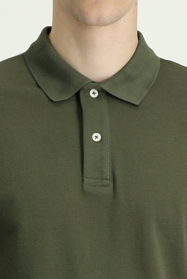 Orta Haki Polo Yaka Regular Fit Nakışlı Pamuk Tişört