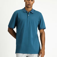 Orta Petrol Polo Yaka Regular Fit Nakışlı Tişört