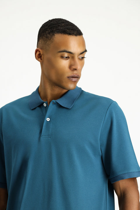 Medium Petrol Polo Collar Regular Fit Embroidered T-Shirt