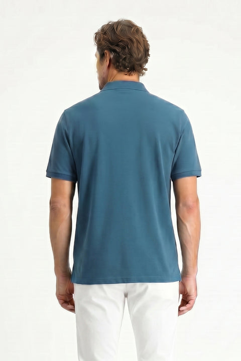 Orta Petrol Polo Yaka Regular Fit Nakışlı Pamuk Tişört